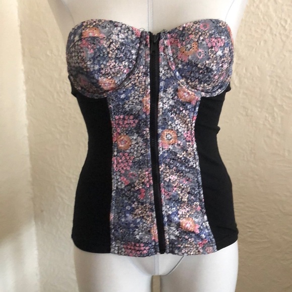 ASOS Pink Blue Floral Lace Black Zipper Front Bustier Corset Bra Top Coquette 6 - Picture 1 of 9